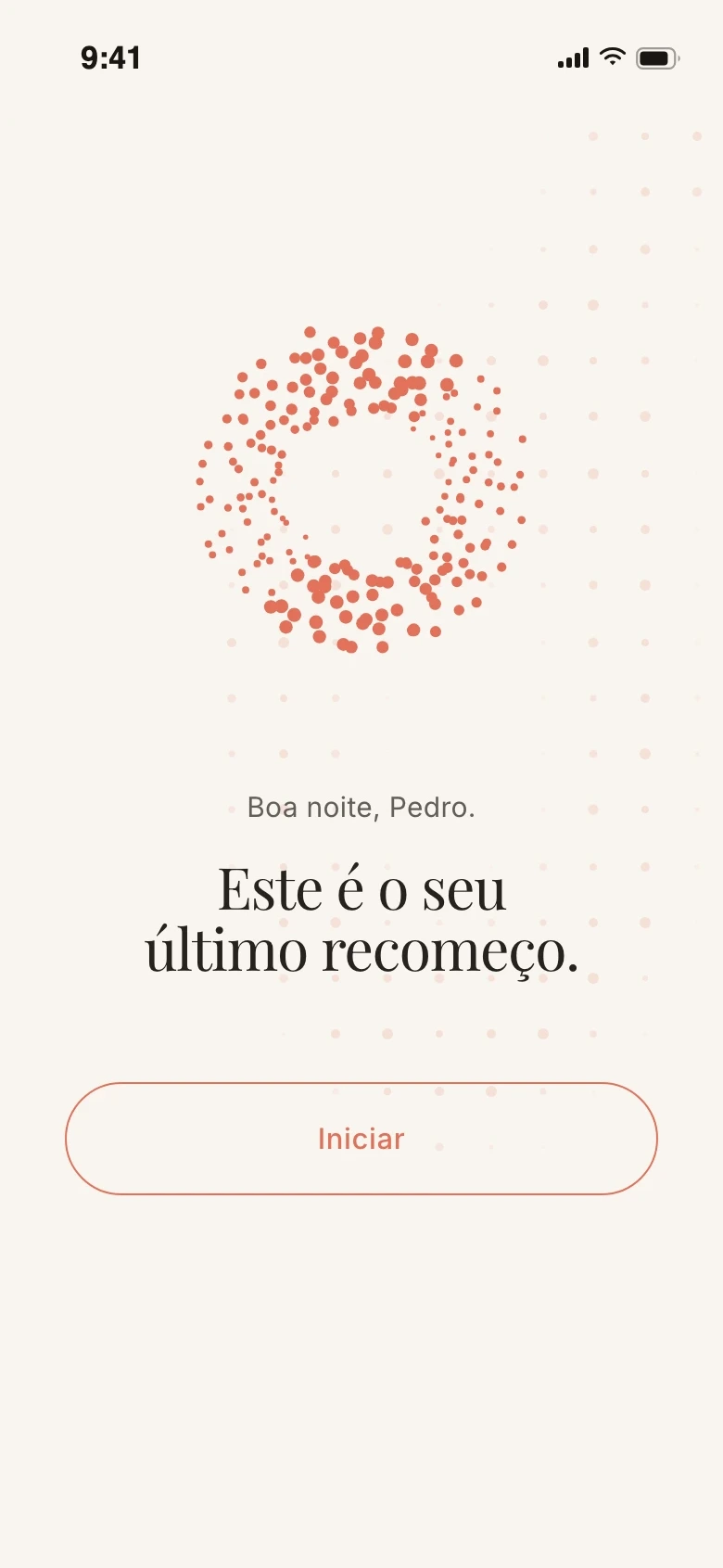 Tela de abertura da anamnese no app, com a frase Este é o seu último recomeço