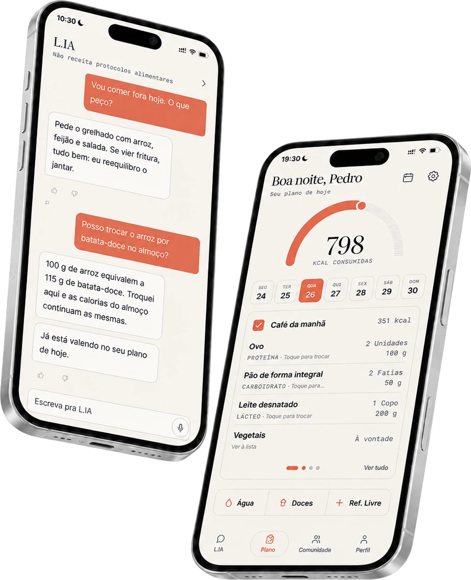 Duas telas do app OnDiet: a conversa com a L.IA e o plano do dia